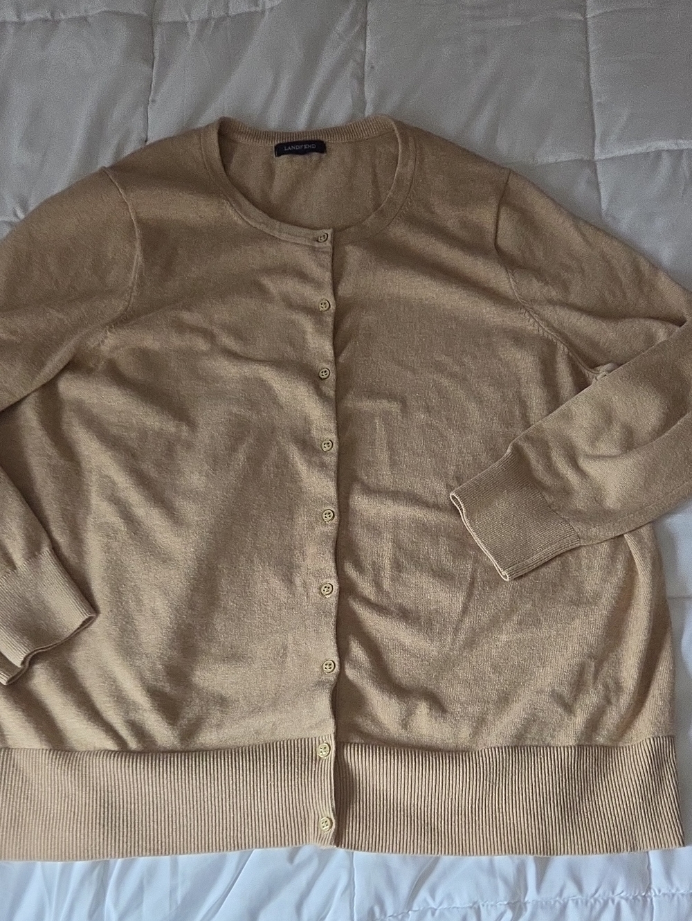 Lands' End Women's Camel Button-Front Crewneck Cardigan